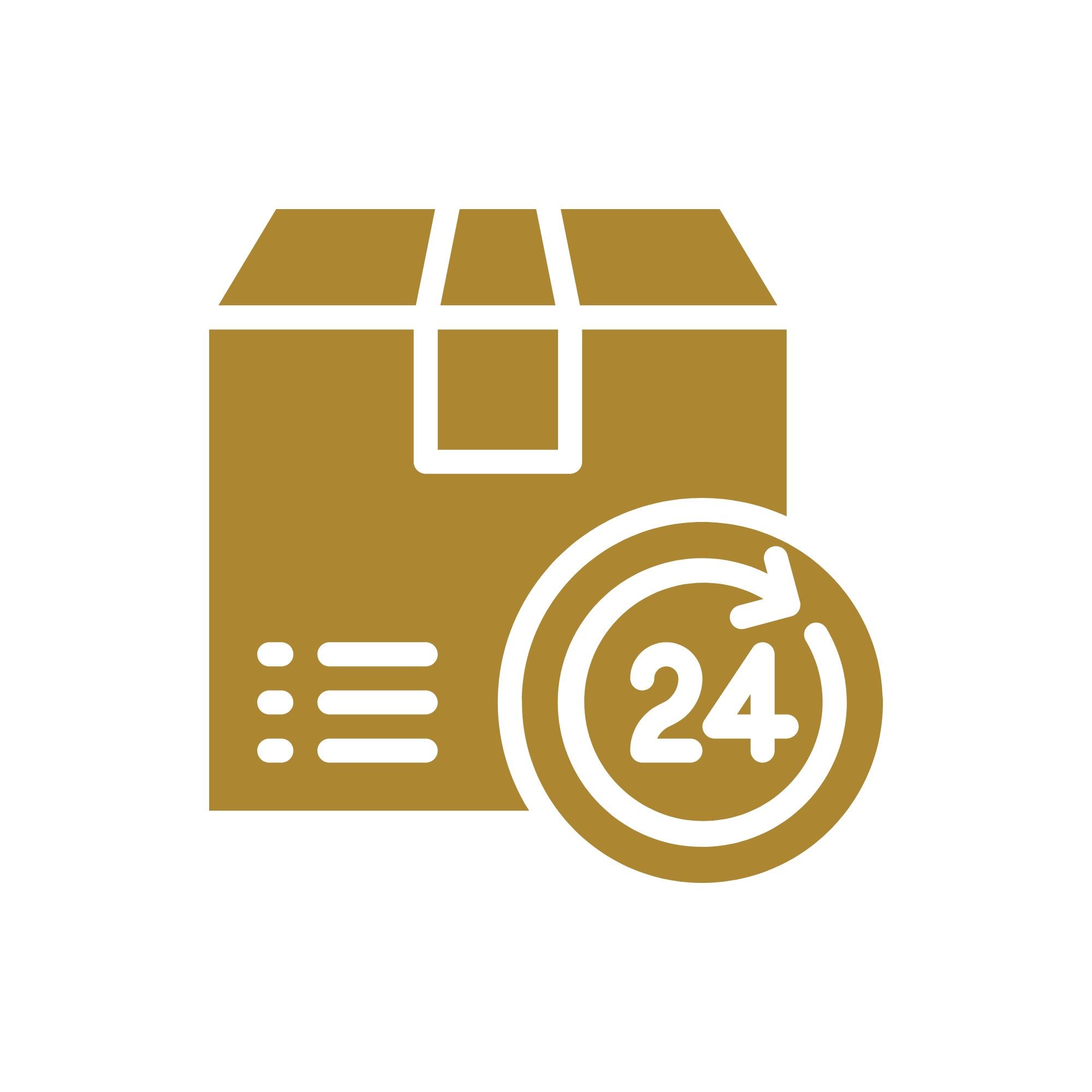 Gold box icon with a 24-hour delivery symbol on a white background