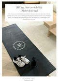 Black Pilates mat with white sneakers and black bottle on a light wooden floor, with text overlay about an accountability Pilates Mini Journal