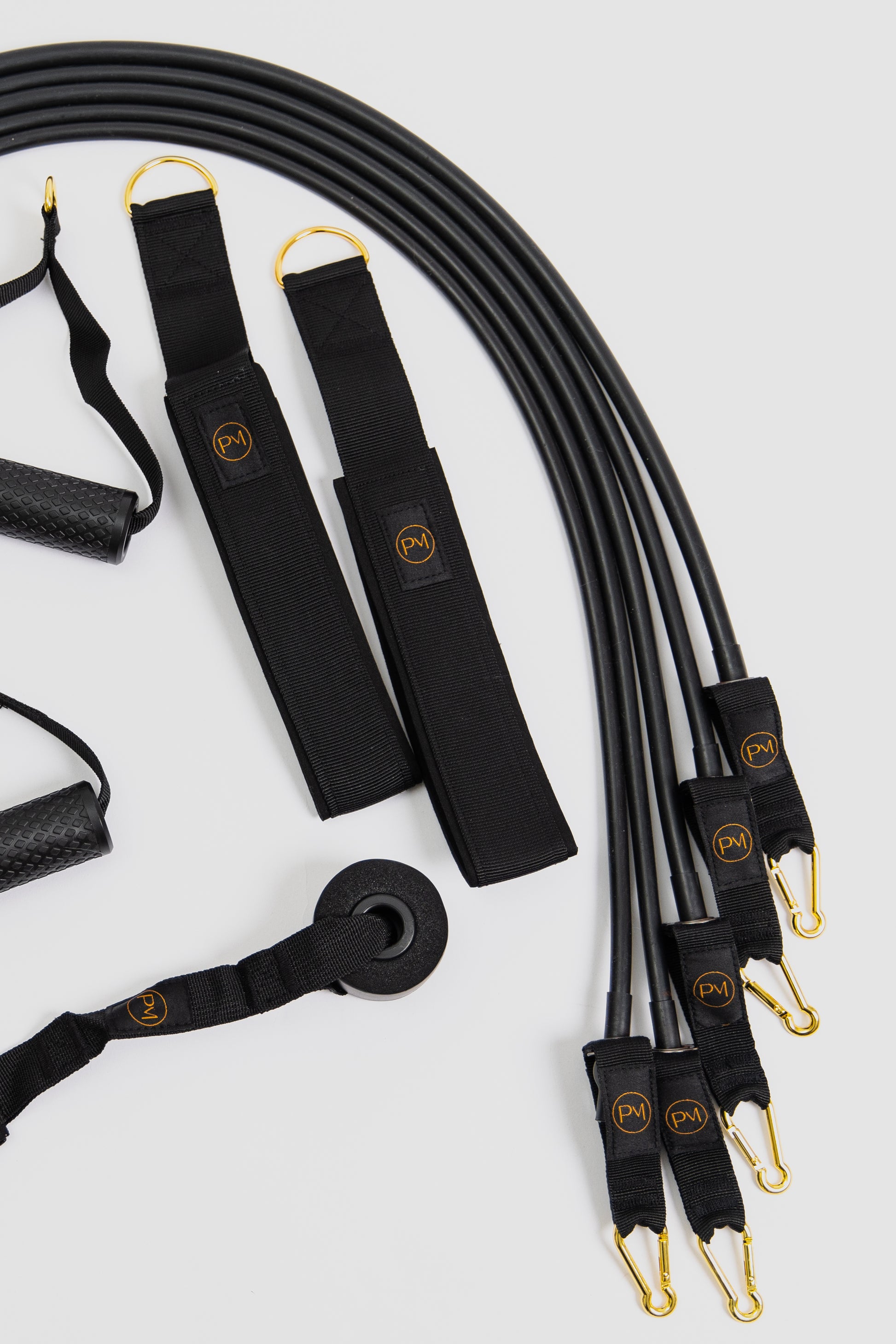 The new black rubber resistance bands of pilates mini reformer travel kit
