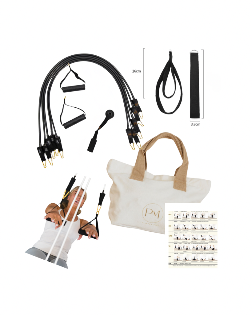 Set of black Pilates Mini resistance bands complete with the guide and hand grip