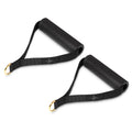 Two black textured handlebar grips with black webbing straps and gold metal D-rings.