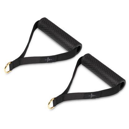 Two black textured handlebar grips with black webbing straps and gold metal D-rings.