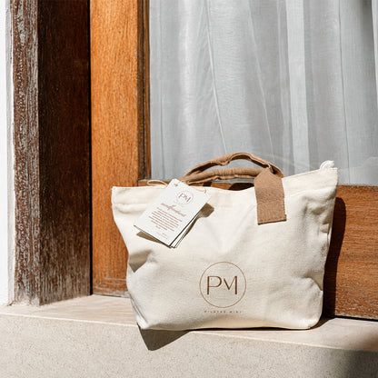 Beige tote bag for carrying resistance bands