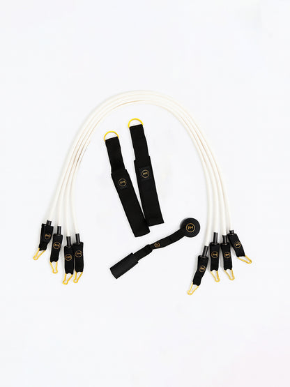 Set of white Pilates Mini resistance bands.