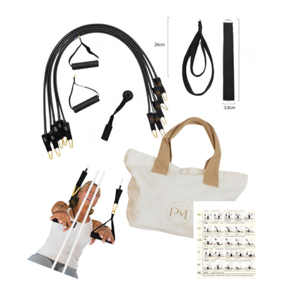 Set of black Pilates Mini resistance bands complete with the guide and hand grip