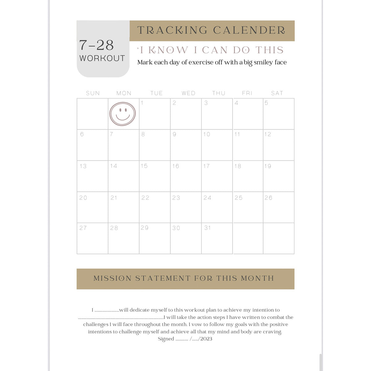 Calendar tracking sheet with exercise goal and smiley face marking for motivation on Pilates Mini Journal