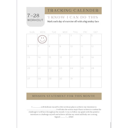 Calendar tracking sheet with exercise goal and smiley face marking for motivation on Pilates Mini Journal